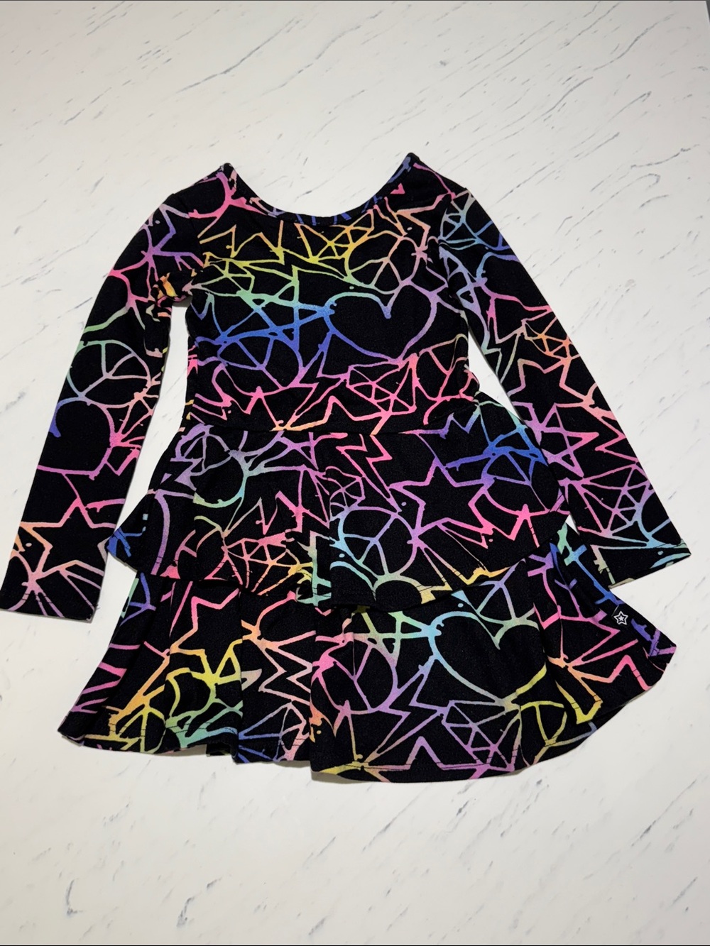 Pixielane Girls Rainbow Black Heart Star Peace Skater Ruffle Tiered Dress 2T